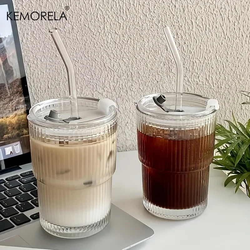 1/2PCS 450Ml Stripe Glass Cup Transparent Glasses with Lid and Straw Ice Coffee Mug Tea Cup Juice Glass Milk Water Cup Drinkware