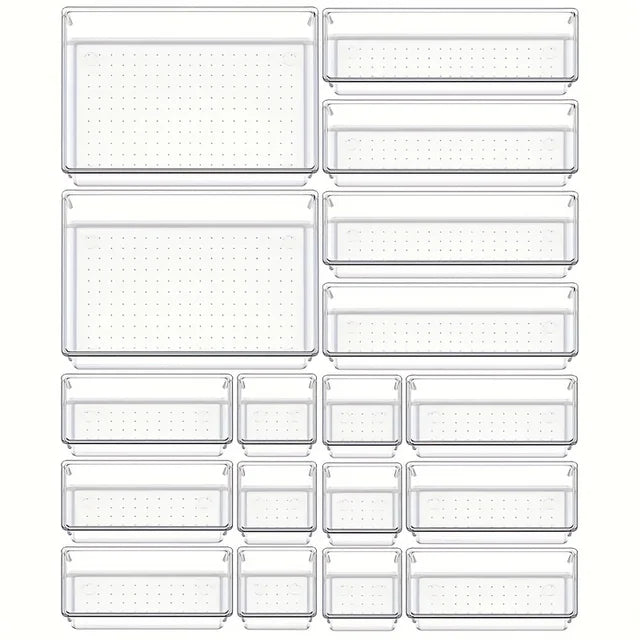 10-Piece Versatile Drawer Organizer Set - Clear Plastic Trays and Dividers in 4 Sizes for Perfect Makeup and Kitchen Storage