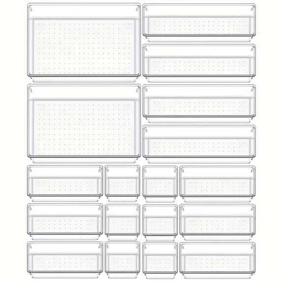 10-Piece Versatile Drawer Organizer Set - Clear Plastic Trays and Dividers in 4 Sizes for Perfect Makeup and Kitchen Storage