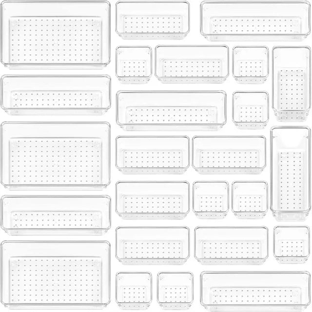10-Piece Versatile Drawer Organizer Set - Clear Plastic Trays and Dividers in 4 Sizes for Perfect Makeup and Kitchen Storage