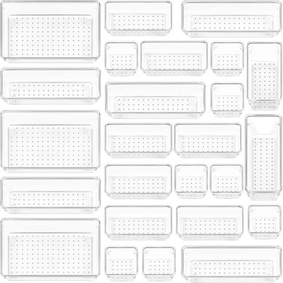 10-Piece Versatile Drawer Organizer Set - Clear Plastic Trays and Dividers in 4 Sizes for Perfect Makeup and Kitchen Storage