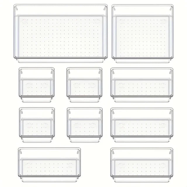 10-Piece Versatile Drawer Organizer Set - Clear Plastic Trays and Dividers in 4 Sizes for Perfect Makeup and Kitchen Storage