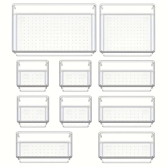 10-Piece Versatile Drawer Organizer Set - Clear Plastic Trays and Dividers in 4 Sizes for Perfect Makeup and Kitchen Storage