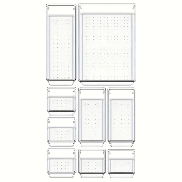 10-Piece Versatile Drawer Organizer Set - Clear Plastic Trays and Dividers in 4 Sizes for Perfect Makeup and Kitchen Storage