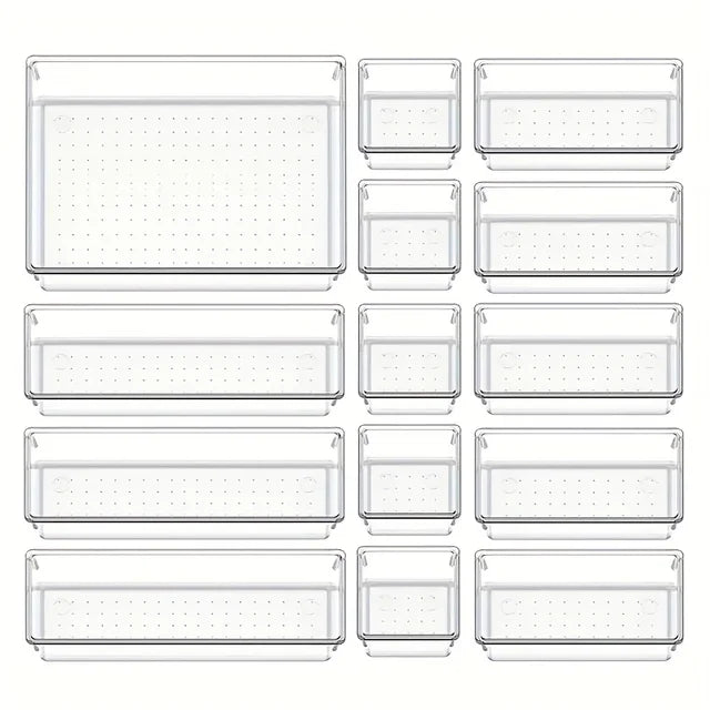 10-Piece Versatile Drawer Organizer Set - Clear Plastic Trays and Dividers in 4 Sizes for Perfect Makeup and Kitchen Storage