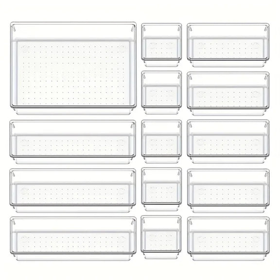 10-Piece Versatile Drawer Organizer Set - Clear Plastic Trays and Dividers in 4 Sizes for Perfect Makeup and Kitchen Storage