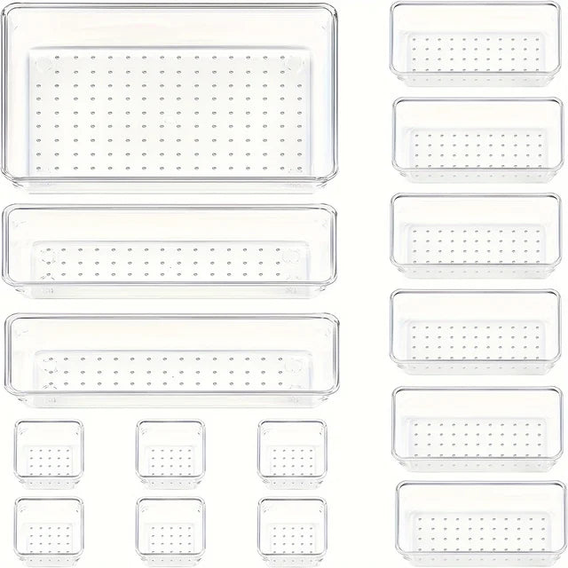 10-Piece Versatile Drawer Organizer Set - Clear Plastic Trays and Dividers in 4 Sizes for Perfect Makeup and Kitchen Storage