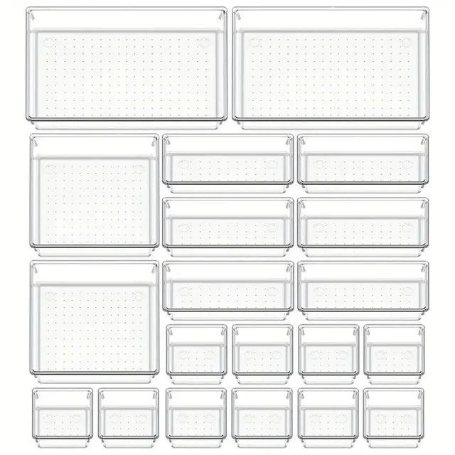 10-Piece Versatile Drawer Organizer Set - Clear Plastic Trays and Dividers in 4 Sizes for Perfect Makeup and Kitchen Storage