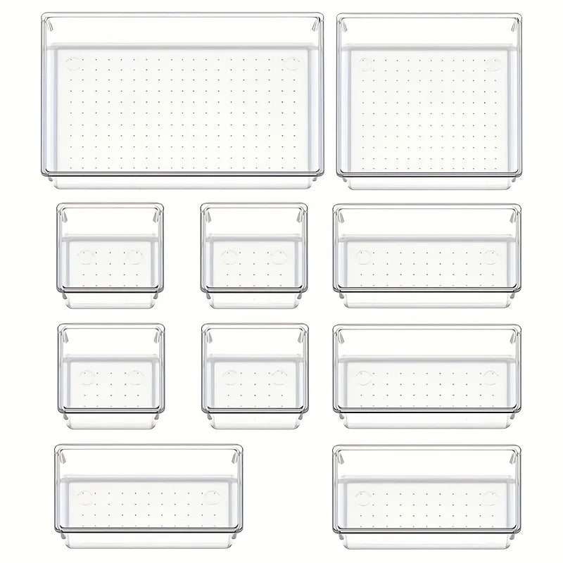 10-Piece Versatile Drawer Organizer Set - Clear Plastic Trays and Dividers in 4 Sizes for Perfect Makeup and Kitchen Storage