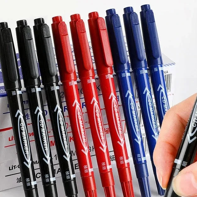 10Pcs Twin Tip Permanent Marker Black/Blue/Red Oil Marker Pen Fine Nid Marker Ink Stationery School & Office Supplies