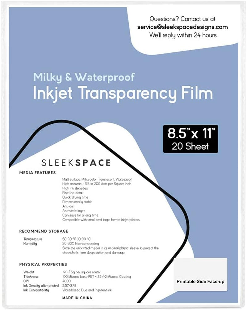 SLEEKSPACE Milky Transparency Film for Inkjet Printers, Screen Printing | 100% Waterproof, Anti-Curl, Anti-Static | High Ink Density, Quick Dry Ink | for Silk Screen, Offset, T-Shirts | 190 +/-5 Psm