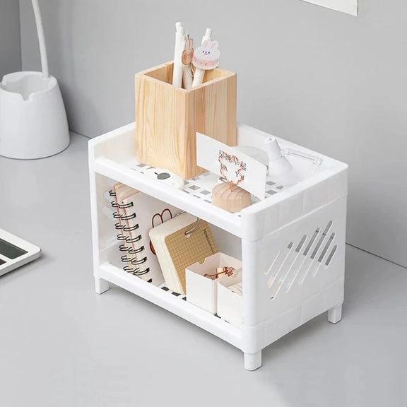 1PC PP Desktop Double Layer Storage Rack Rectangular White Organizing Student Desk Office Cosmetics Stationery