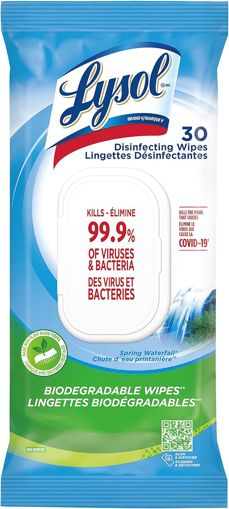 Disinfecting Wipes Flatpack, Spring Waterfall, Biodegradable Wipes, Kills 99.9% of Viruses & Bacteria, 30 Count