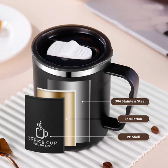 500Ml/17Oz 304 Stainless Steel Water Bottle Double Layers Coffee Mug Milk Cup with Plastic Lid and Handle