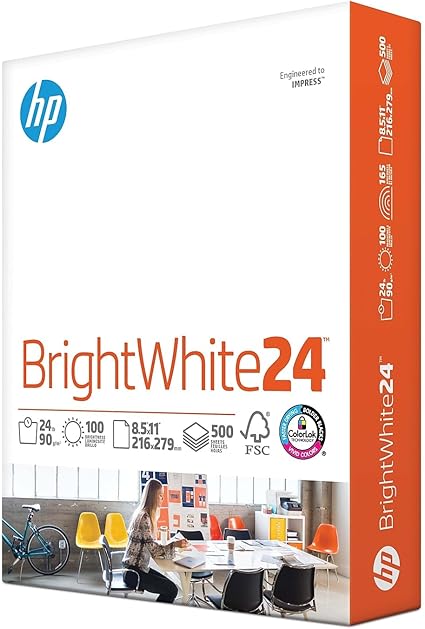 HP BrightWhite Paper, 24 lb, 100 Bright, 500 Sheets