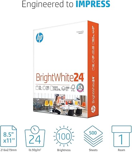 HP BrightWhite Paper, 24 lb, 100 Bright, 500 Sheets