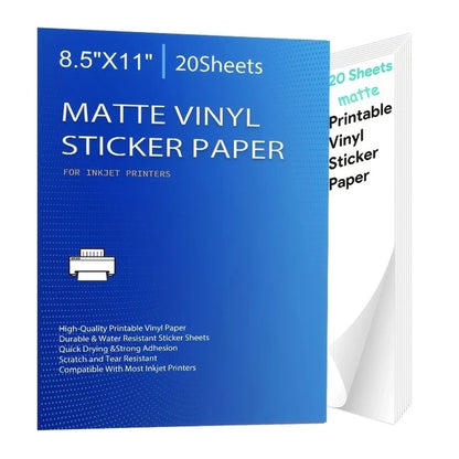 Printable Vinyl Sticker Paper for Inkjet Laser Printer Glossy White Matte 20 Self-Adhesive Sheets Waterproof Decal Paper 8.5X11'