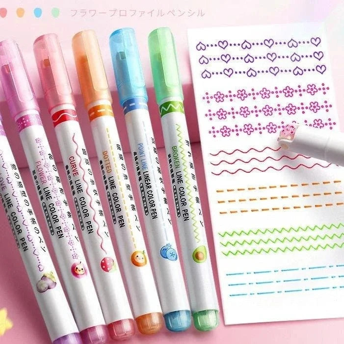 6Pcs/Set Flower Line Shape Highlighter Pen Roller Tip Curve Liner Marker Kawaii Korean Stationery School Office Supplies Gifts