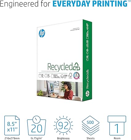 HP Recycled Printer Paper, 500 Sheets, 92 Bright