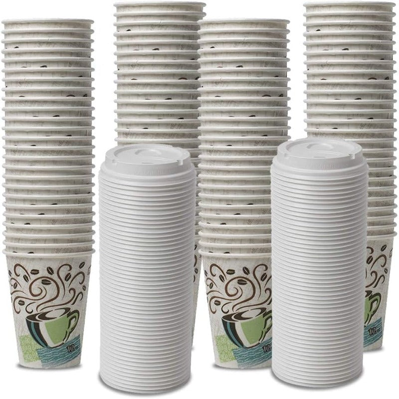 Dixie Perfectouch Wisesize Coffee Design Insulated Paper Cup, 12Oz Cups and Lids Bundle (12 Oz, 100 Cups, 100 Lids)