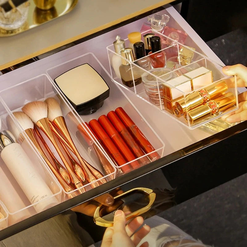 Clear Acrylic Makeup Layered Storage Box Dressing Table Cosmetic Lipstick Finishing Grid Box Desktop Drawer Storage Compartment