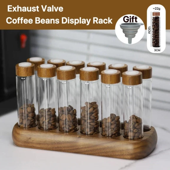 Coffee Beans Tea Display Rack Stand Creative Glass Test Tube Storage with Hopper 6/12 Tubes Glass Bottle Rack with Exhaust Valve