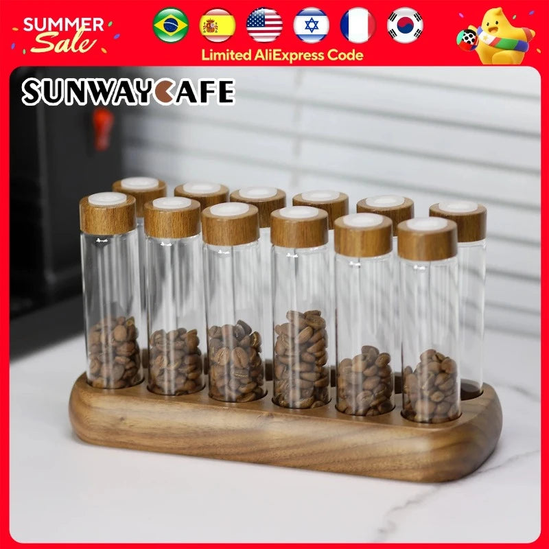 Coffee Beans Tea Display Rack Stand Creative Glass Test Tube Storage with Hopper 6/12 Tubes Glass Bottle Rack with Exhaust Valve