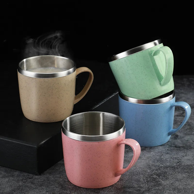 Double Layer Anti-Scalding Stainless Steel Cups Plastic Handle Coffee Milk Mug Tea Drinks Water Cup for Home Office Tumbler