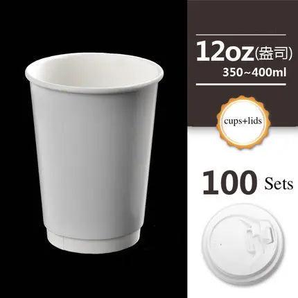 100x Disposable Cups with Lids Double Wall Layer Kraft