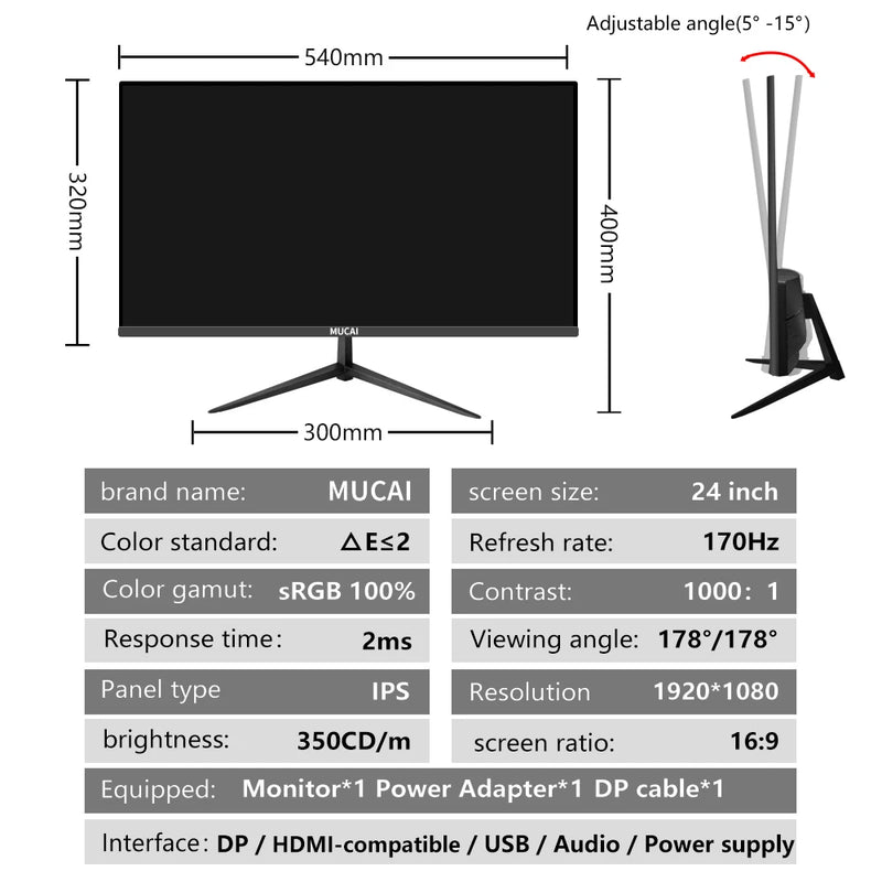 MUCAI 24 Inch Monitor 144Hz LCD Display