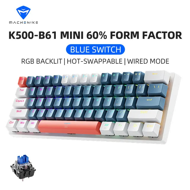 K500-B61 Mini Mechanical Keybaord 60% Form Factor 61Keys Gaming Keybaord Wired Full Key Hot-Swappable RGB Backlit