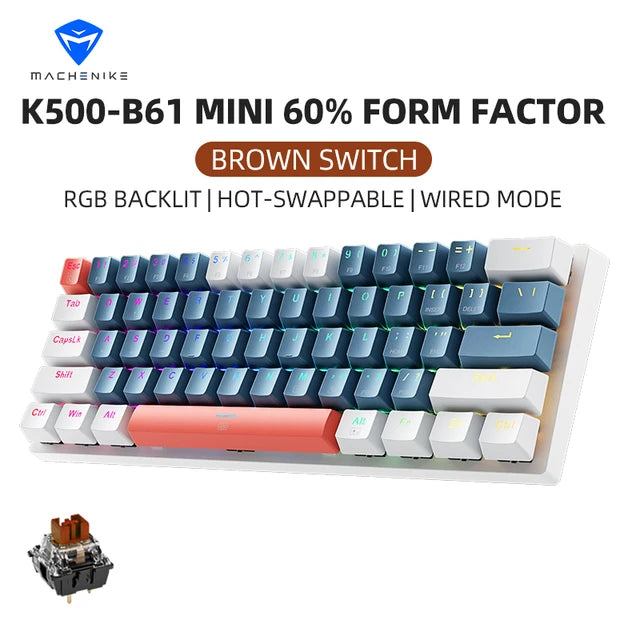 K500-B61 Mini Mechanical Keybaord 60% Form Factor 61Keys Gaming Keybaord Wired Full Key Hot-Swappable RGB Backlit