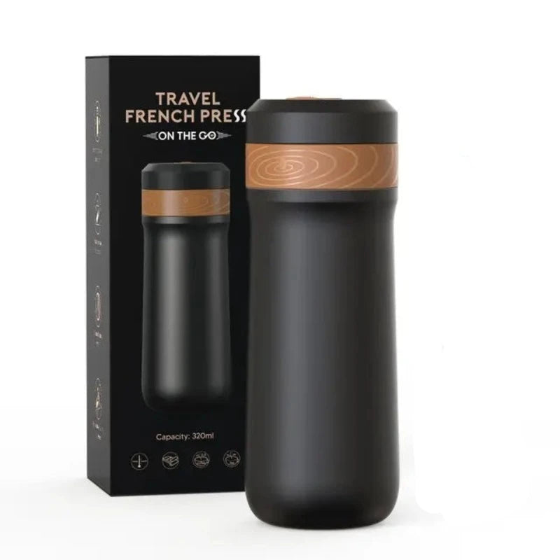 Portable French Press Pot 320Ml Travel Coffee Maker Stainless Steel Double-Walled Coffee Tea Bottle & Plastic Coffee Pot