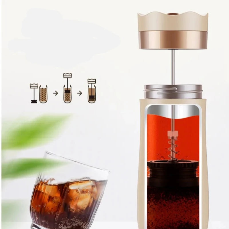 Portable French Press Pot 320Ml Travel Coffee Maker Stainless Steel Double-Walled Coffee Tea Bottle & Plastic Coffee Pot