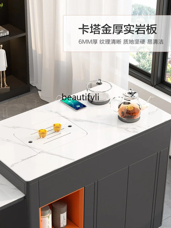 Retractable Tea Table Office Living Room Multi-Functional Stone Plate Tea Cabinet Balcony Mobile Coffee Table Small Apartment