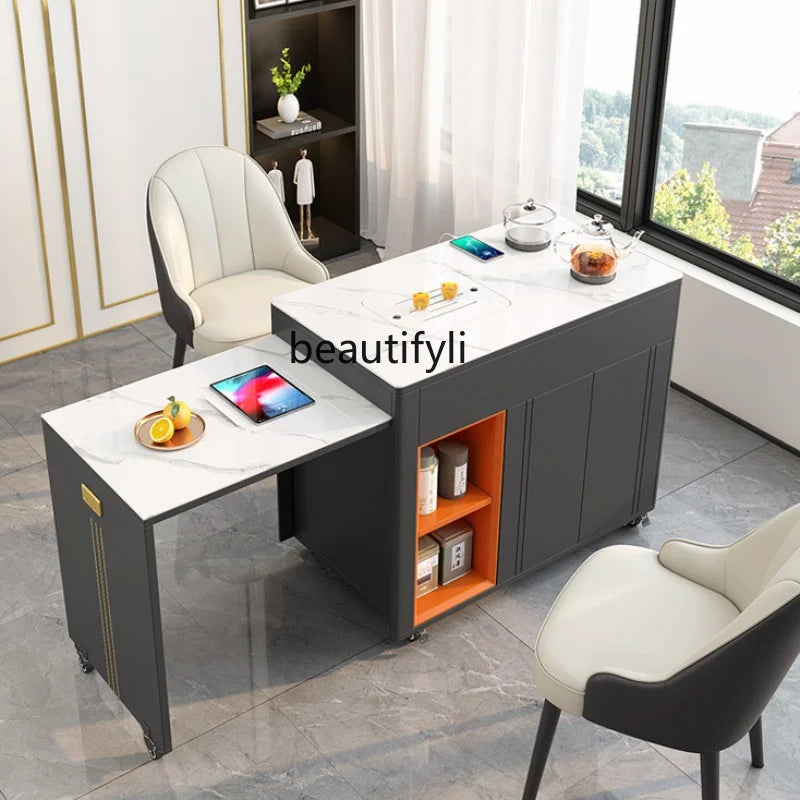 Retractable Tea Table Office Living Room Multi-Functional Stone Plate Tea Cabinet Balcony Mobile Coffee Table Small Apartment