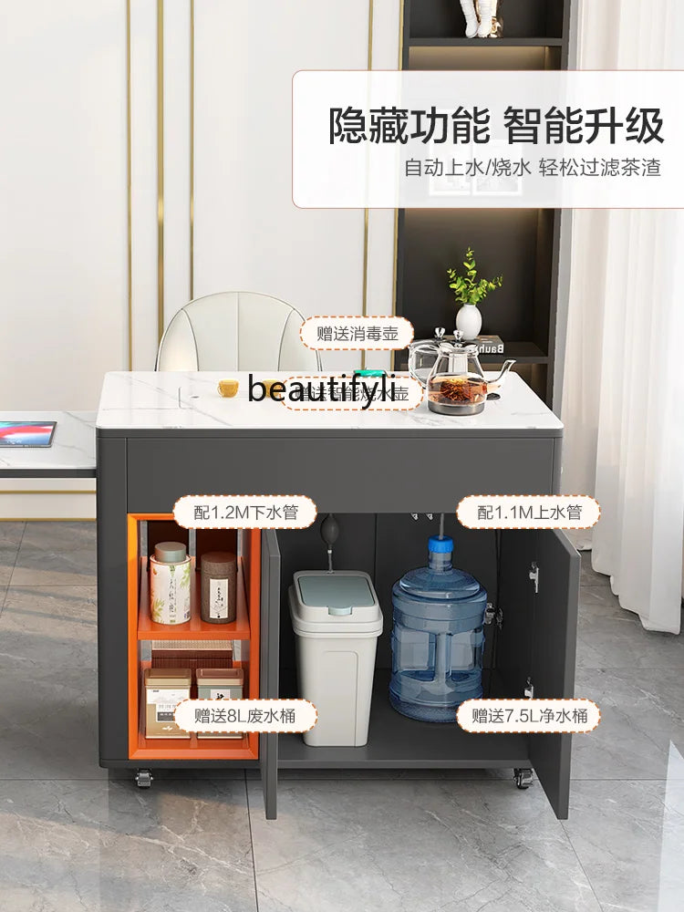 Retractable Tea Table Office Living Room Multi-Functional Stone Plate Tea Cabinet Balcony Mobile Coffee Table Small Apartment