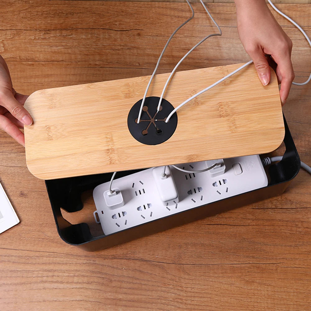 Wooden Cable Storage Box Power Line Storage Case Dustproof Charger Socket Organizer Wire Case Home Cable Winder Organizer