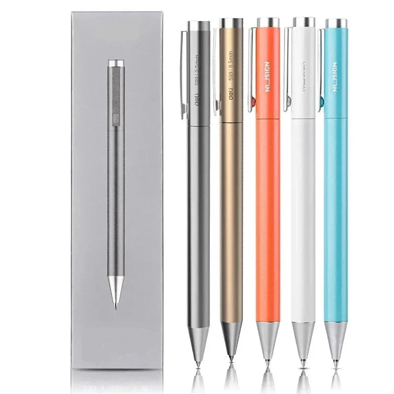 Xiaomi Deli Metal Gel Pen with a sleek metal body and blue gel ink.
