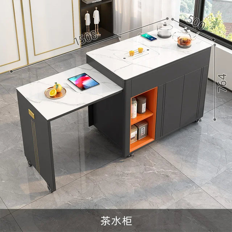 Retractable Tea Table Office Living Room Multi-Functional Stone Plate Tea Cabinet Balcony Mobile Coffee Table Small Apartment