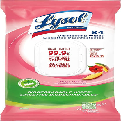 Disinfecting Wipes Flatpack, Mango Hibiscus, Biodegradable Wipes, Kills 99.9% of Viruses & Bacteria, Bulk Pack of 4, 336 Count (4 X 84 Count)