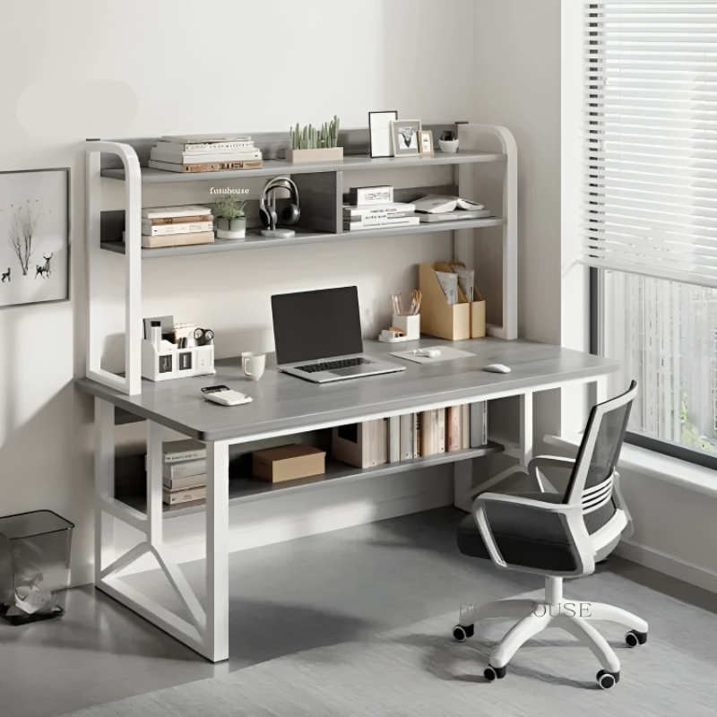 simple wooden study desk and shelves